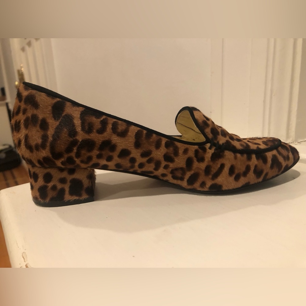 Sarah Flint Rosie Heeled Loafer 38.5 Chocolate Leopard Hair Calf